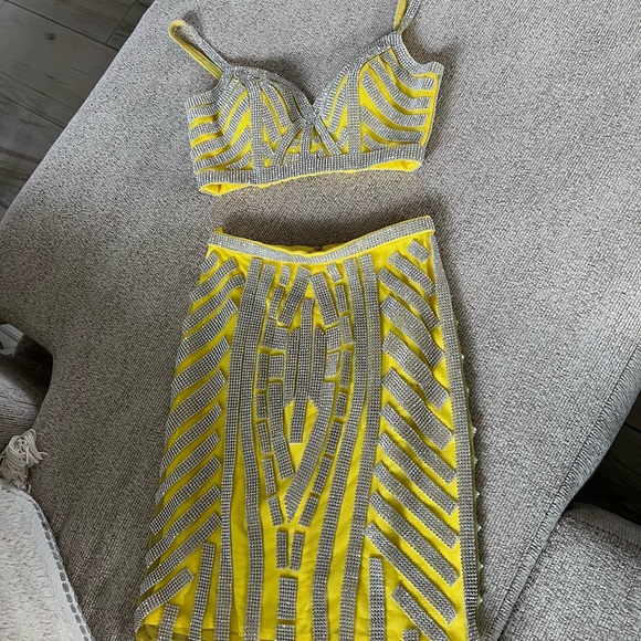 Embellished 2 Piece Yellow Homecoming Dress - Picture 2 of 3